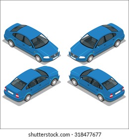 Blue Car. Flat 3d transport. High quality icon set. Sedan automobile. Isolated Vector