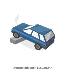 Blue car flew off the road at kerb, smoke from engine. Accident on road. Damaged automobile. Flat vector element for poster or banner