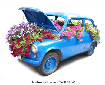 Blue car with flowers.