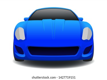 Blue Car, Front view. Fast Racing car. Modern flat Vector illustration on white background.