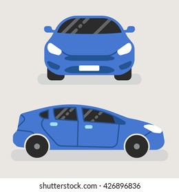 Blue car in the front view and side view. Vehicle concept illustration.