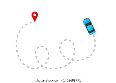 Blue car with gray track trace and red GPS mark isolated on white