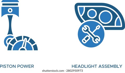 Blue car headlight assembly and piston power icon set vector illustration