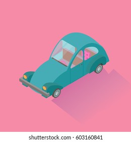 Blue car icon. Isometric car with shadow. City service transport.  Modern vehicle. City isometric object in flat. Isolated vector illustration on pink background.
