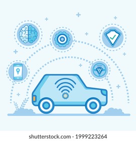 coche azul con conjunto de iconos