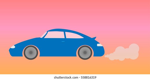 Blue car icon with smoke clouds of fuel.Vector illustration.