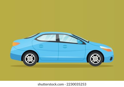 Blue car icon. Sticker for social networks and messengers. Stylish logotype for company, branding. Sedan and transportation, vehicle. Road and highway, wheels. Cartoon flat vector illustration