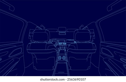 Blue car interior with a blue dashboard and a blue steering wheel. The car is in motion and the driver is looking ahead