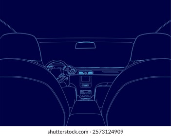 Blue car interior with a steering wheel and a dashboard.