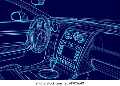 Blue car interior with a steering wheel and cup holder.