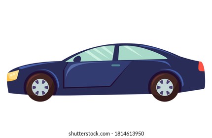 Blue car isolated on white background. Sedan with dark toned glasses. Auto to drive and get your destination quickly. Wheeled motor vehicle used for transportation. Vector illustration in flat style