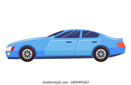 Blue car isolated on white background. Sedan with dark toned glasses. Auto to drive and get your destination quickly. Wheeled motor vehicle used for transportation. Vector illustration in flat style
