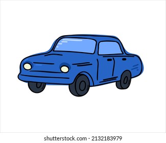 Blue car isolated on white background. Hand drawn or doodle, flat vector illustration