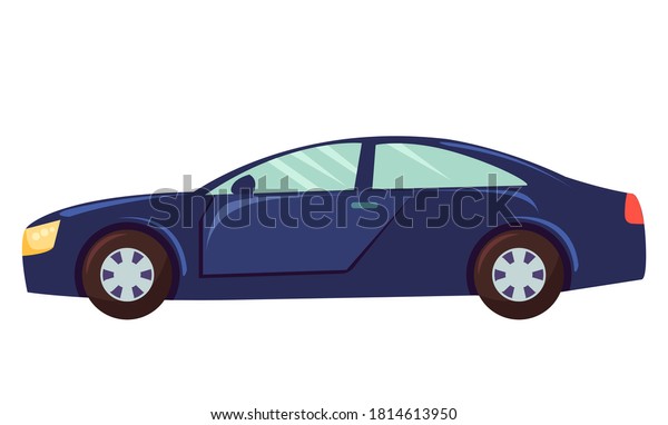 Blue car isolated on white background. Sedan with\
dark toned glasses. Auto to drive and get your destination quickly.\
Wheeled motor vehicle used for transportation. Vector illustration\
in flat style