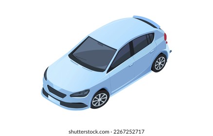 Blue car isometric view. Hatchback model of sport vehicle isolated on white background. Automobile transport button icon for web application or mobile chat. City element or object. Vector illustration