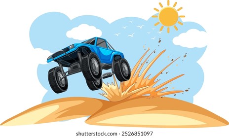 Carro azul pulando sobre dunas de areia