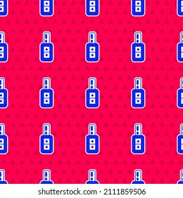 Blue Car key with remote icon isolated seamless pattern on red background. Car key and alarm system.  Vector