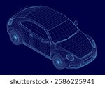 A blue car with a mesh design on it. The car is shown in a blue color. Isometric view