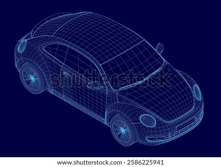 A blue car with a mesh design on it. The car is shown in a blue color. Isometric view