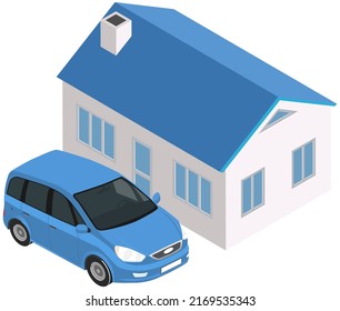 Blue car near private country house. Residential building, suburb or village design element. Automobile parked near cottage. Property and real estate outside city. Architecture and transport of town