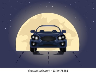 Blue car on a background of a very big moon, purple night sky and twinkling stars