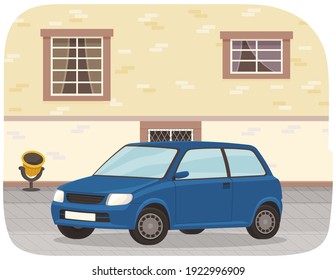 Blue car on city street near the building with brick wall and windows. Automobile front view flat style. Vehicle with tinted windows. Convenient mean of transportation, modern minicar in cityscape