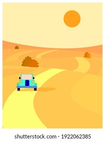 Blue car on desert road icon vector illustration. Summer day, sunny.