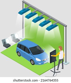 Blue car on green screen backdrop in photo or film studio. Green background and lighting for movie trick filming. Chromakey with spotlights and automobile on set. Making film with vehicle, transport