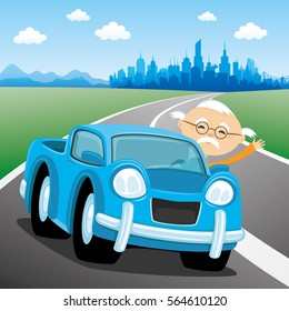 Blue car on the road.