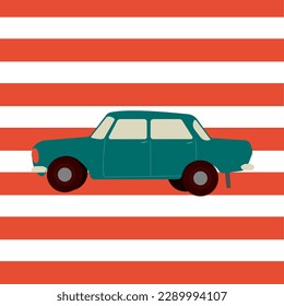 A blue car on a striped background.
