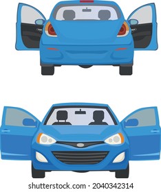 Blue car open doors, front and back view