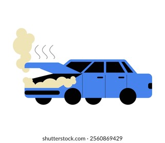 Blue Car With Open Hood And Smoke In Flat Vector Illustration Symbolizing Vehicle Breakdown, Mechanical Issues, And Emergency, Isolated On White Background.