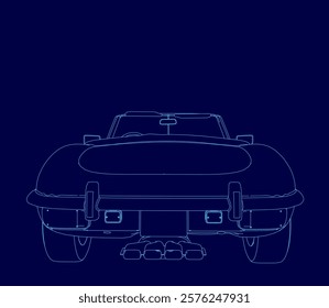 Blue car outline. The car is a classic design and is shown in a stylized way. Back view