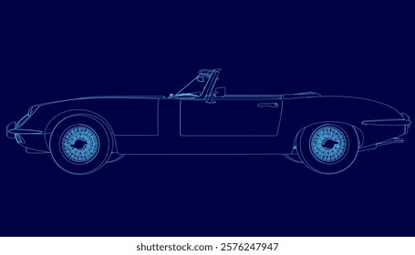 Blue car outline. The car is a classic model and is shown in a stylized way. Side view