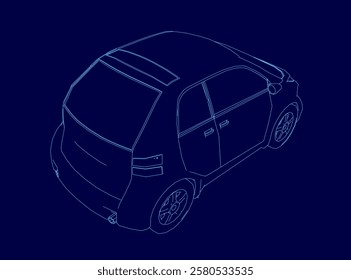 Blue car outline. The car is designed to be sleek and modern, with a clean and minimalist look. Isometric view