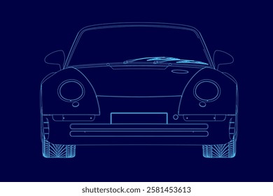 A blue car outline. The car is shown in a stylized way, with the headlights and other features emphasized. Scene is sleek and modern, with a focus on the car's design and features