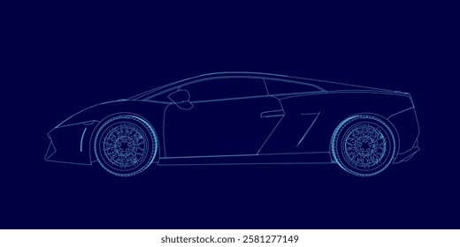 A blue car outline. Side view. The car is in a futuristic style