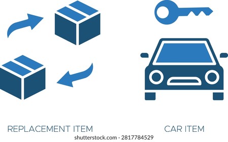 Blue car parts isolated vector set replacement items front wheel suspension and headlight
