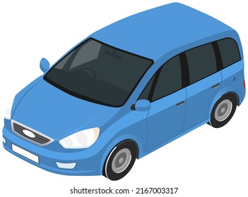 Blue car. Presentation of new automobile isolated on white background. Motor road and off-road vehicle used for transport of people and goods. Main purpose of car is to carry out transport work
