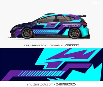 Blue car with a purple and cyan wrap design suitable for automotive advertising, car enthusiasts, vehicle customization businesses, and graphic designers.