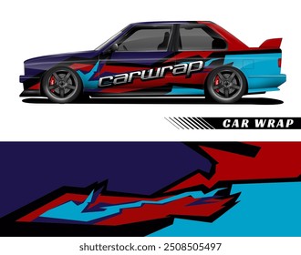 Blue car with red and black geometric design wrap is a vibrant and eyecatching vehicle suitable for automotive advertising campaigns.