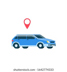 Blue car with red GPS location tracker icon above it. Isolated flat vector illustration of modern automobile and vehicle navigation service symbol.