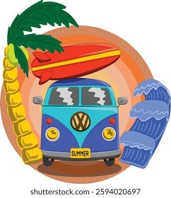blue car with red surfboard on top heading to the beach