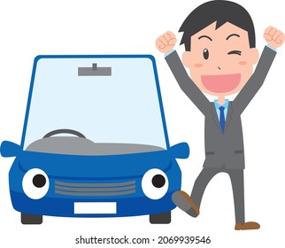 Blue car and rejoicing man