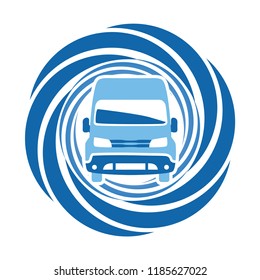 Blue car round icon. Front view sign on the white background