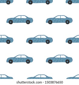 Blue car seamless pattern. Doodle cars vector illustration. Design for fabric, textile print, wrapping paper, children textile. 