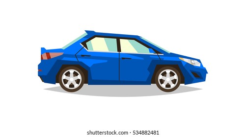 Blue car sedan. Side view. Transport for travel. Gas engine. Alloy wheels. Vector illustration. Flat style 