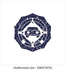 Blue car seen from front icon inside distressed rubber grunge seal
