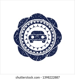Blue car seen from front icon inside distressed rubber stamp with grunge texture