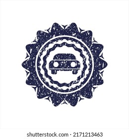 Blaues Auto, das von der Vorderseite aus gesehen wird, in einer bedrückten Grunge-Briefmarke. 